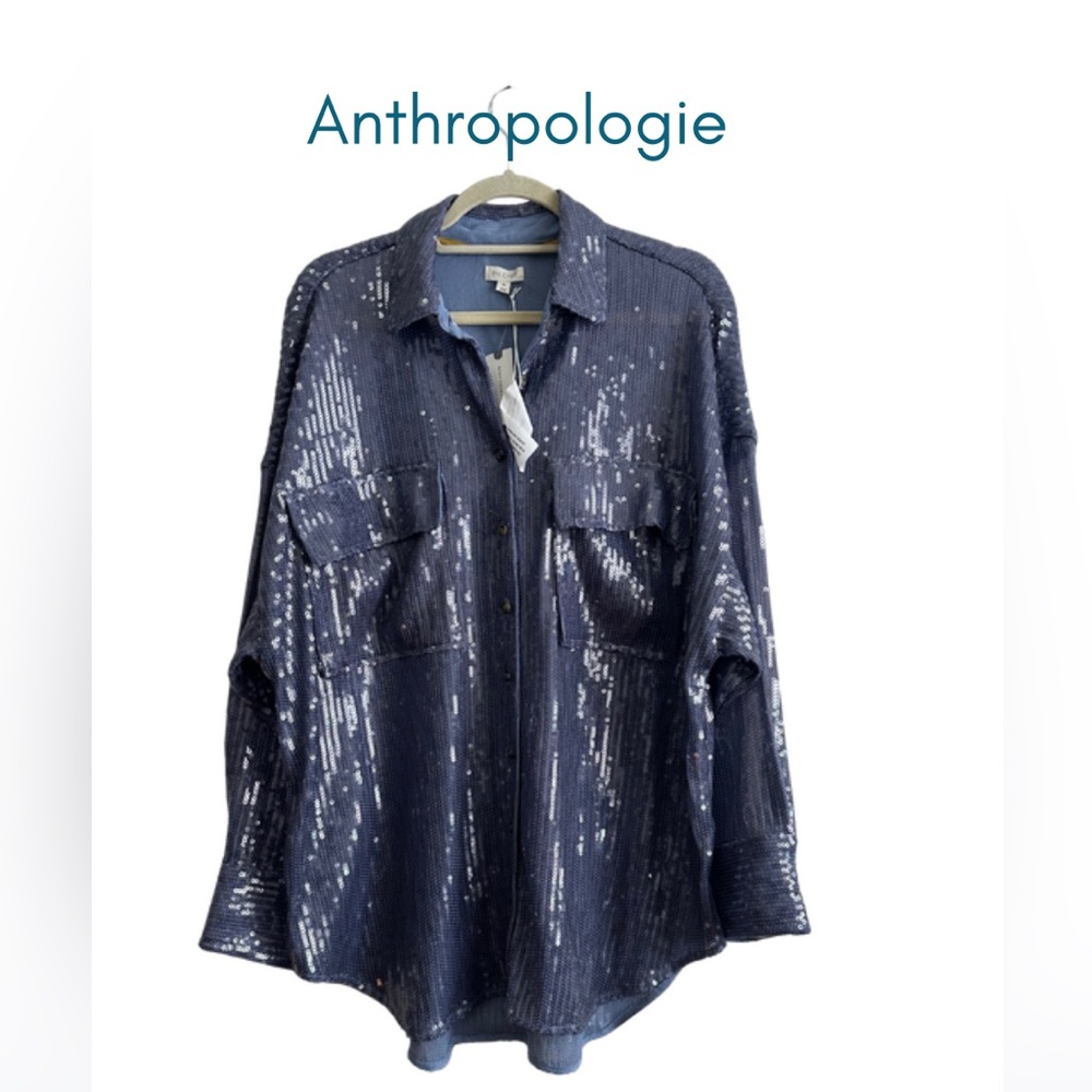 Anthropologie Blue Oversized Sequin Women's button down shirt